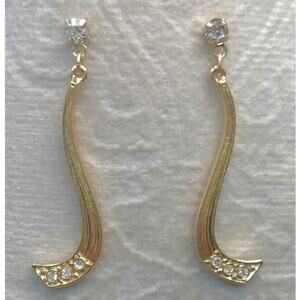 Anne Klein Earrings Rhinestone Swoop Vintage Textured Gold Tone Dangle Elegant